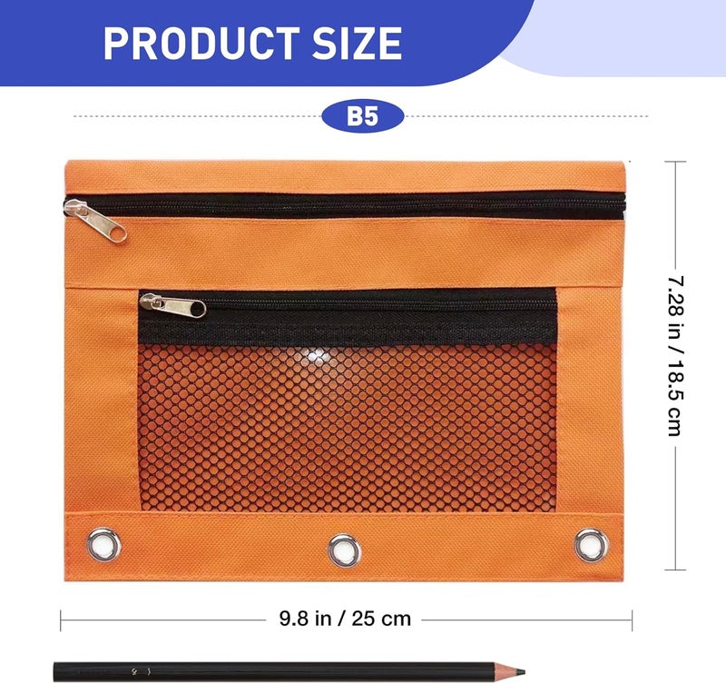 ASBEFORE Pencil Pouch for 3 Ring Binder - 3 Hole Zipper Pen Case Bag Holder Bulk Accessories Clear Window Aesthetic Organizer Pockets (Orange, 1) - Image 2